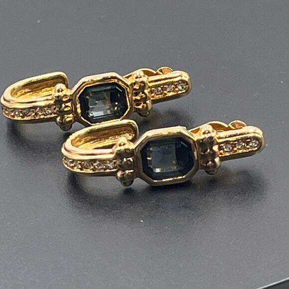 Swarovski Swan Vintage Gold Tone Pave Blue Bezel Crystal Half Hoop Clip Earring - Picture 8 of 8